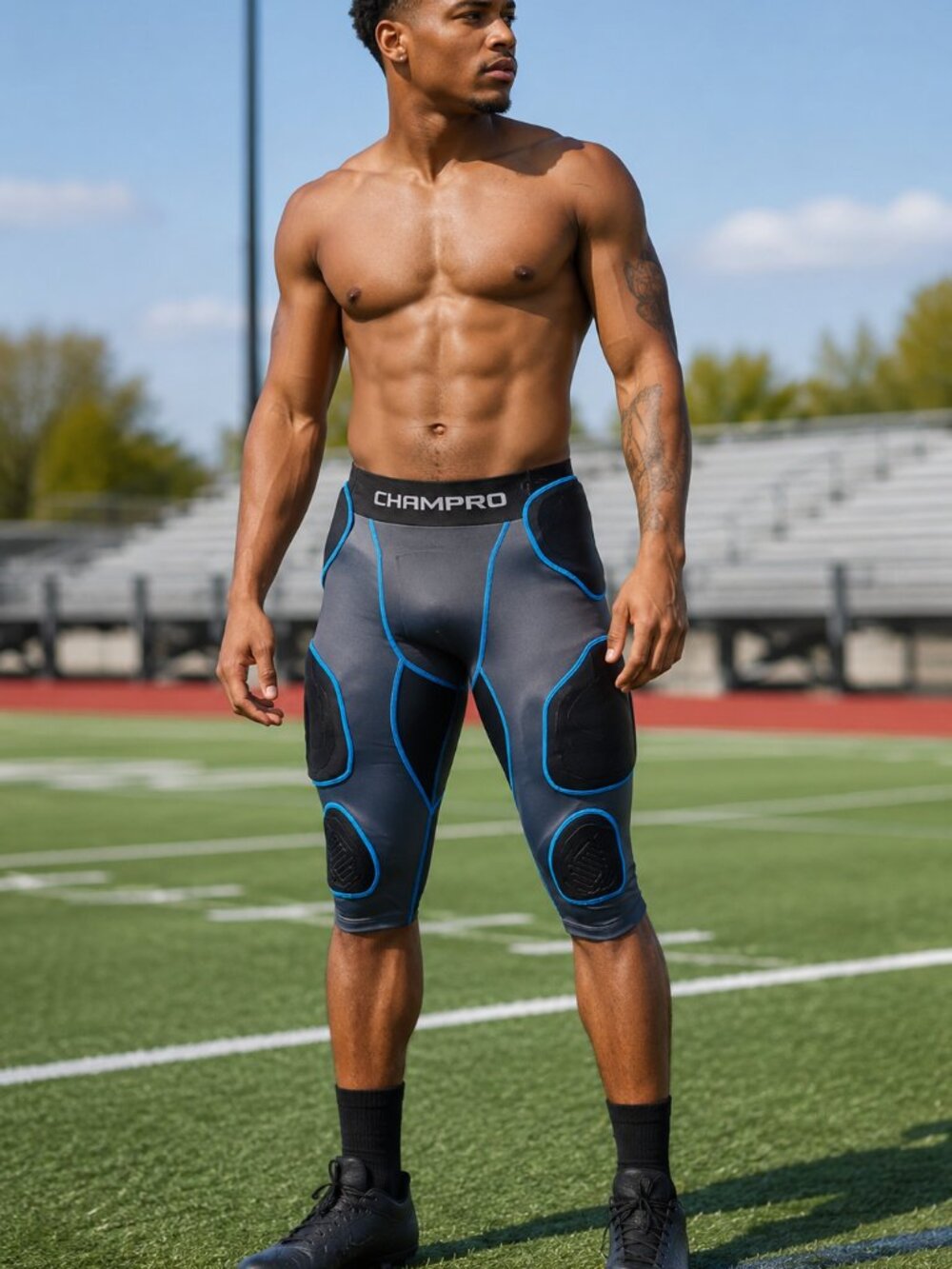 CHAMPRO Padded Compression Shorts for American Football — Grey, Black, Blue 2X